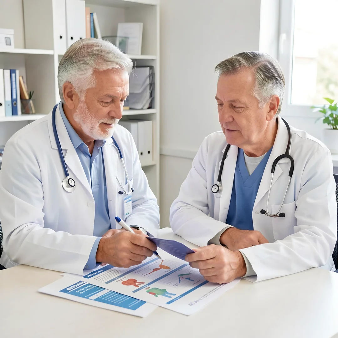 Step 1: Doctor consultation with men over 60 patient reviewing health chart and baseline checkup plan