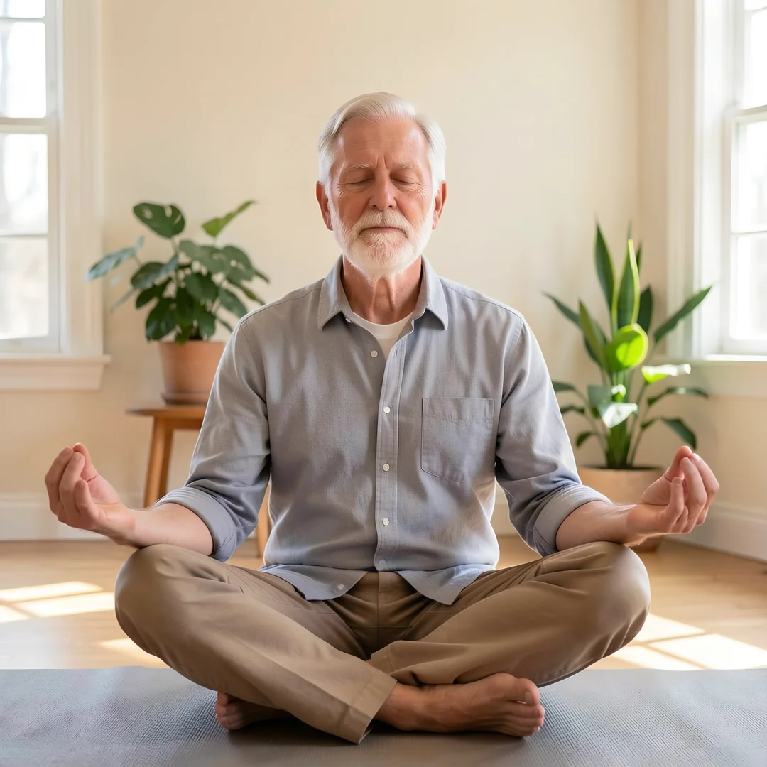 Step 4: Men over 60 man practicing mindfulness meditation for mental health and stress relief