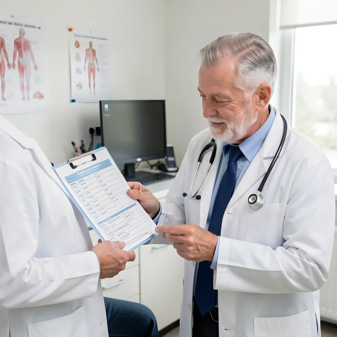Step 6: Medical screening checklist being reviewed by doctor with men over 60 patient
