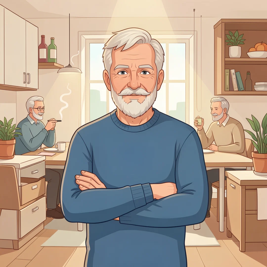 Step 7: Healthy lifestyle choices illustration showing men over 60 avoiding smoking and excessive alcohol