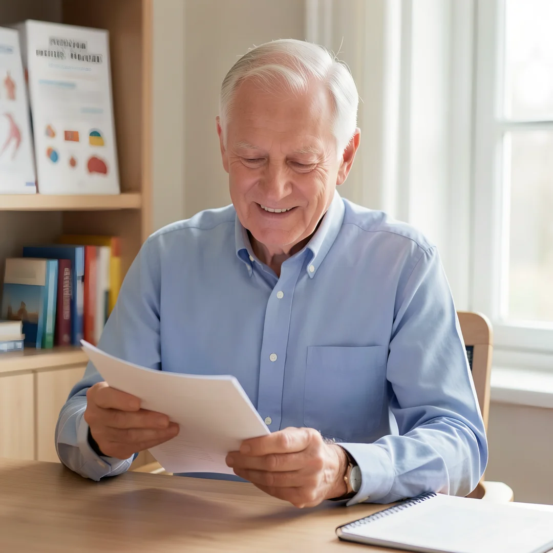 Step 8: Men over 60 man reviewing personal health goals and wellness planner long term